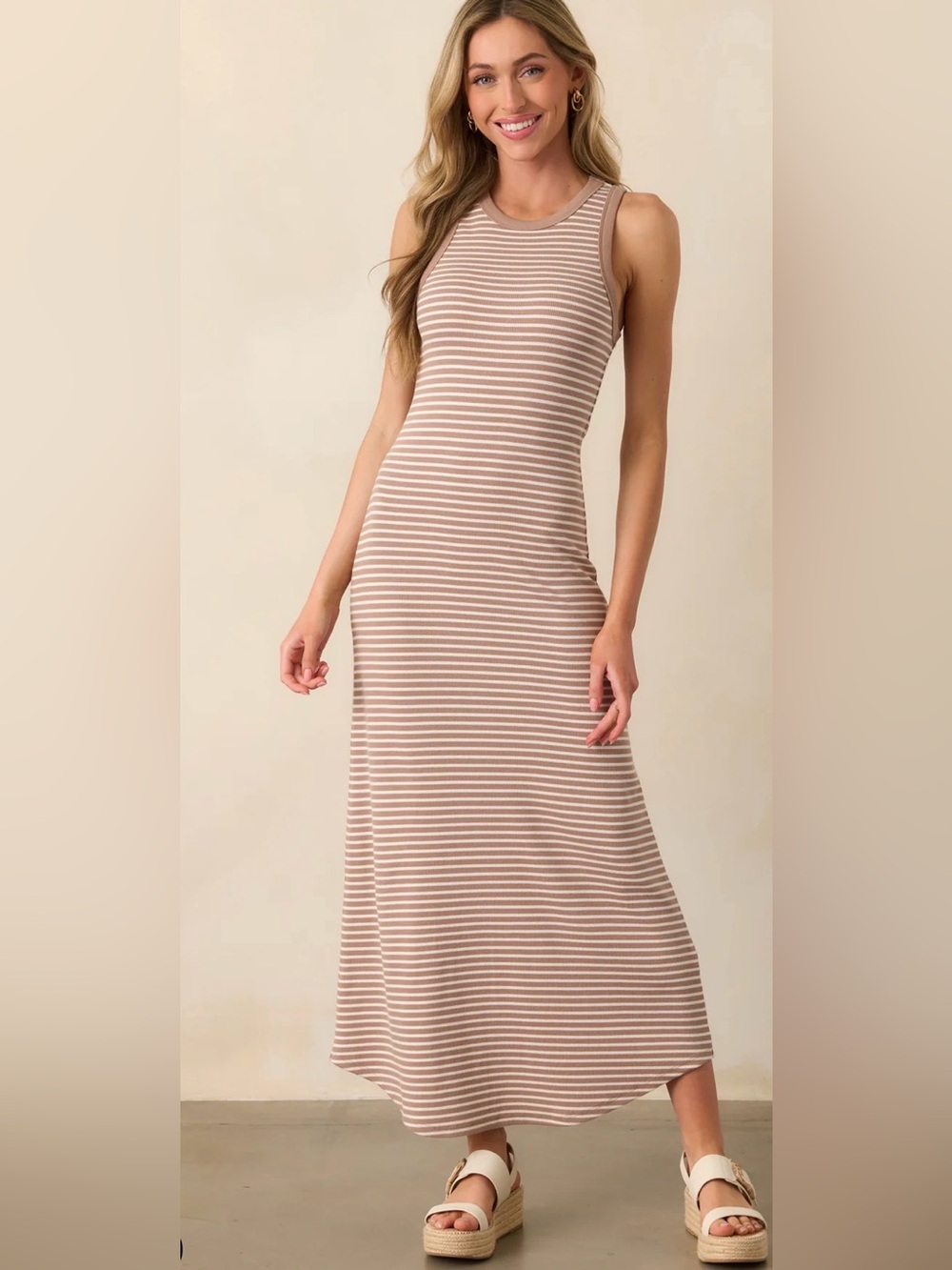 Z Supply Goodwin Stripe Midi Dress Tan Iced Coffee Ribbed Bodycon Large